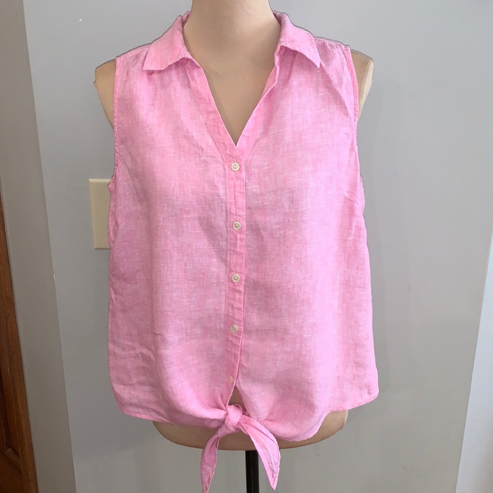Talbots Pink Linen Button-Front Tie-Hem Tank